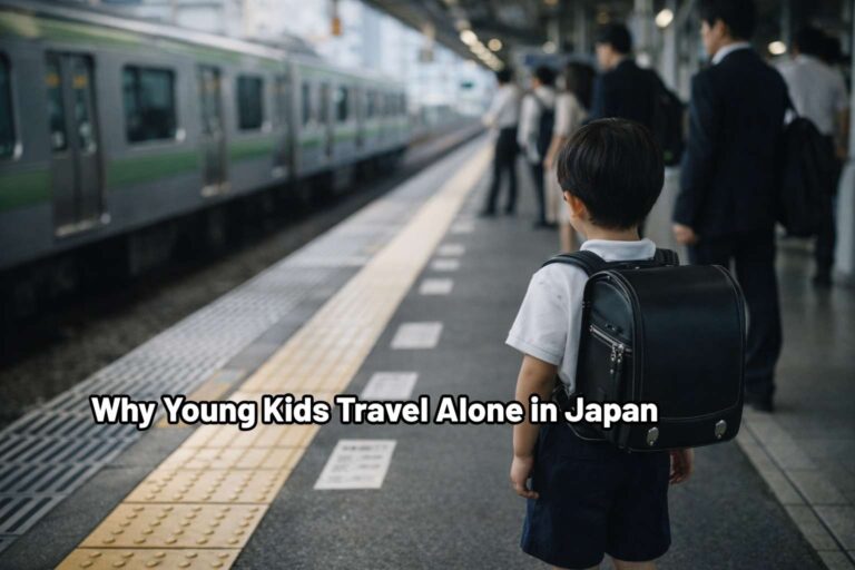 A young schoolchild with a backpack stands alone on a train platform as commuters move in the background.