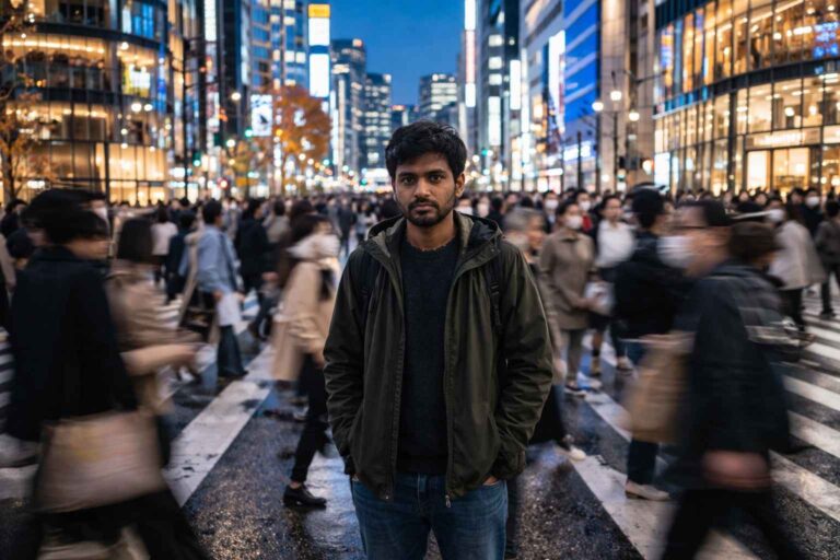 A man stands still in a crowded city crosswalk at night as blurred pedestrians move around him.