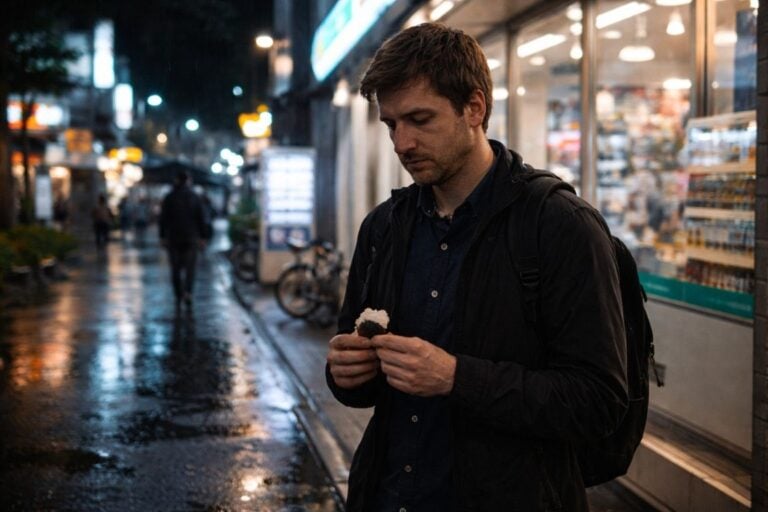 A man stands outside a convenience store at night in the rain holding a rice ball.