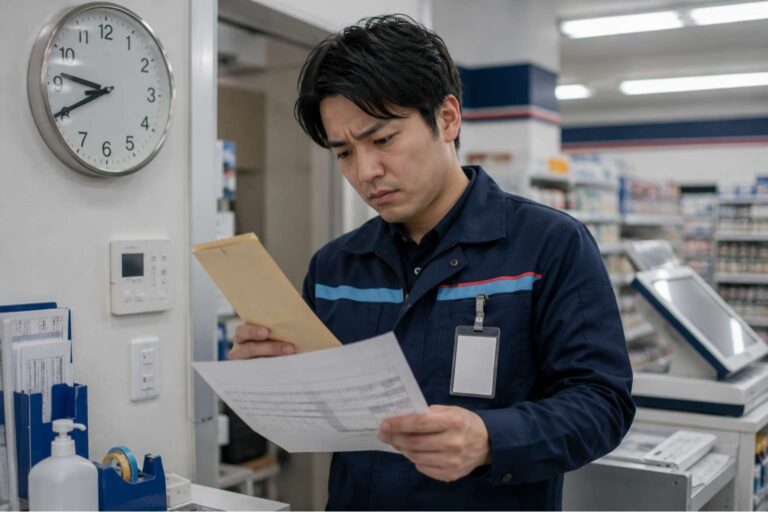 Part-time worker checks a pay envelope and work schedule inside a bright Japanese workplace