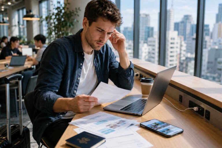 A remote worker uses a laptop in Japan while checking passport and insurance documents.