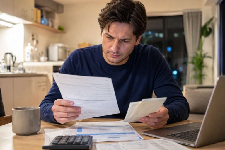 Foreign worker reviews a monthly payslip and bills at a table in a Japan apartment