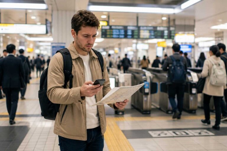 First-time traveler near ticket gates and platform queues inside a Japanese train station