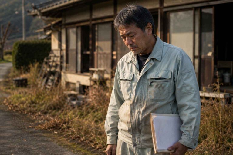 Construction worker holding documents outside an old rural Japanese family home