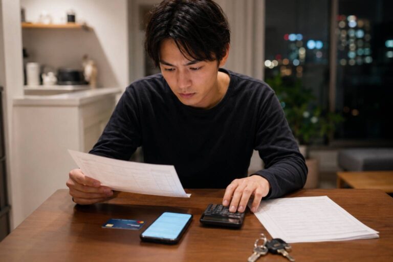 Resident preparing a monthly rent payment with a bank card and lease at home in Japan