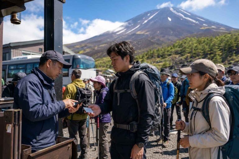 Hikers wait at a Mount Fuji trail entrance while staff check permits and gear.
