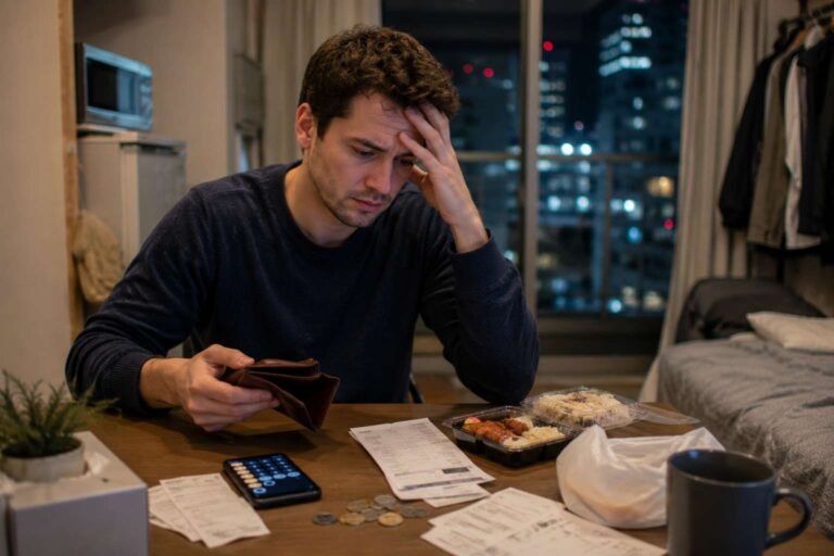 A tired person sits at a small table with a discounted bento box and an open wallet.
