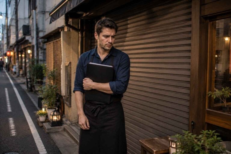 A small business owner stands outside a shuttered restaurant-style storefront in Tokyo holding documents