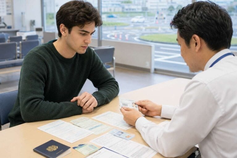 Foreign resident reviews license conversion papers with staff at a Japanese licensing center