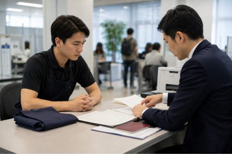 Foreign worker reviews food service visa paperwork with an immigration staff member in Japan