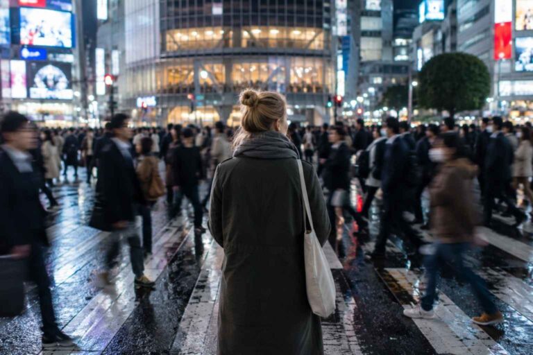A lone person stands still in a crowded Tokyo crossing as commuters blur around them.