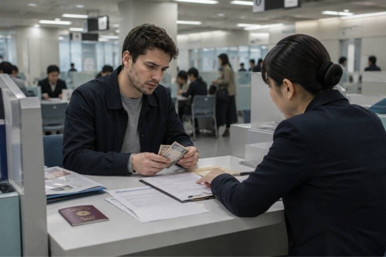 Resident reviews visa renewal papers and yen with an immigration staff member in Japan