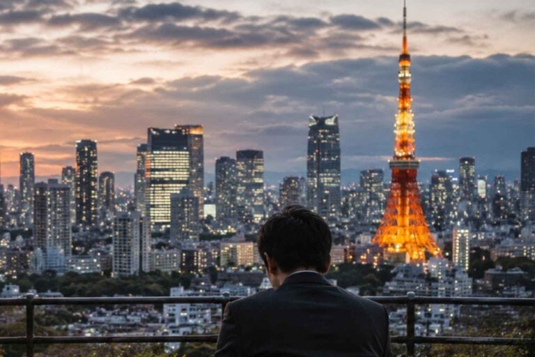 A tired office worker stands in a clean Tokyo business district as commuters move around him.
