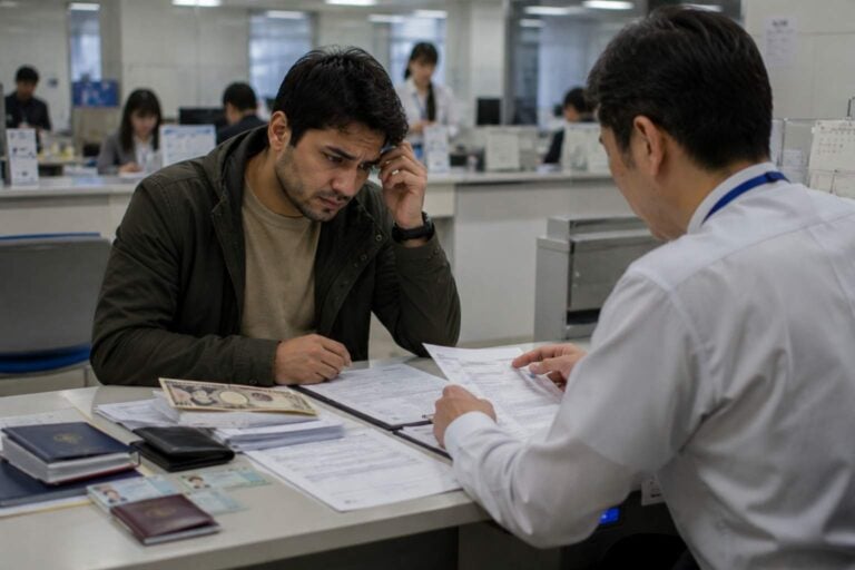 Resident reviews visa renewal papers and yen with an immigration staff member in Japan