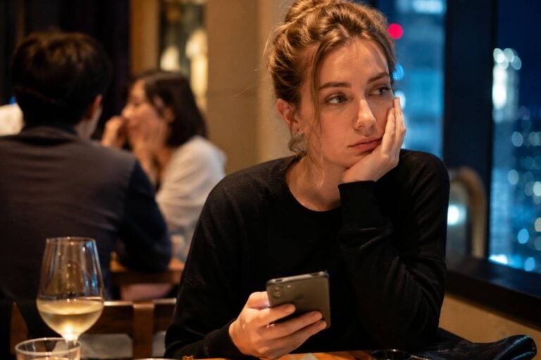 A woman sits alone at a restaurant table at night looking at her phone while other diners sit behind her.