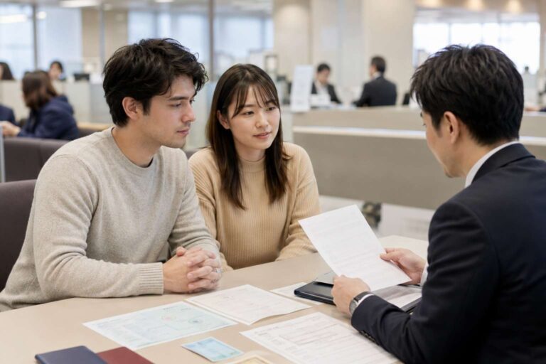 Foreign resident and Japanese spouse review renewal papers at an immigration office in Japan