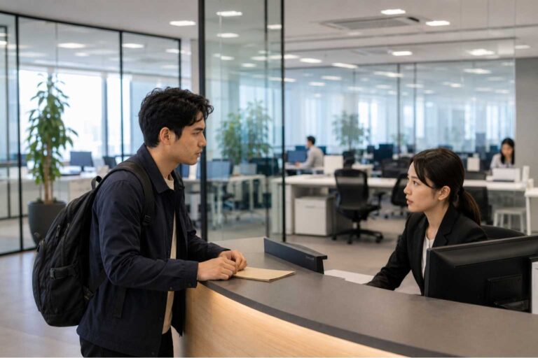 A foreign job seeker speaks with a receptionist in a large Tokyo office with many empty desks behind
