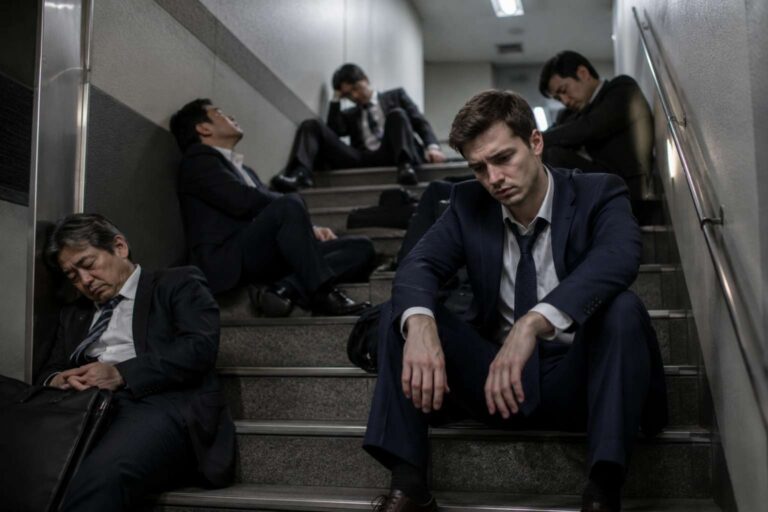 Exhausted office workers sit and sleep on a late-night stairwell in business suits.