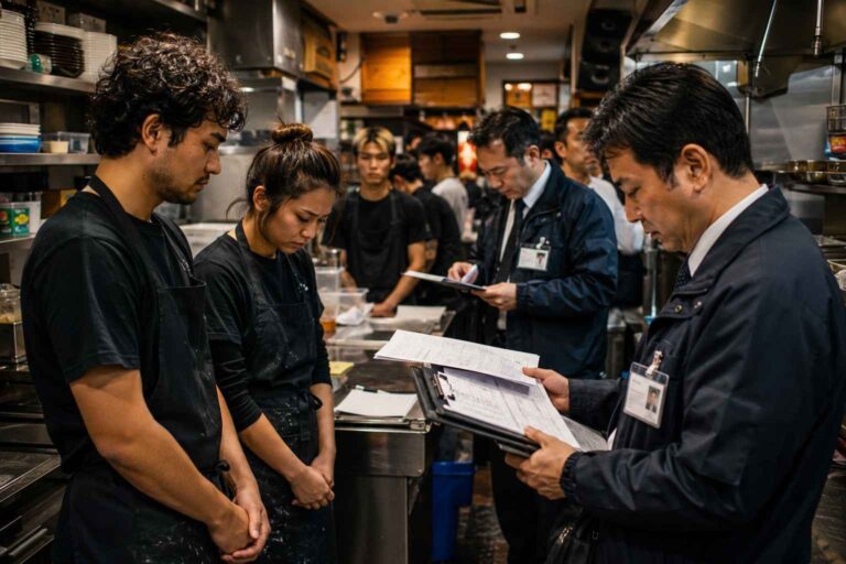Officials review documents in a restaurant kitchen while student-age workers stand nearby.