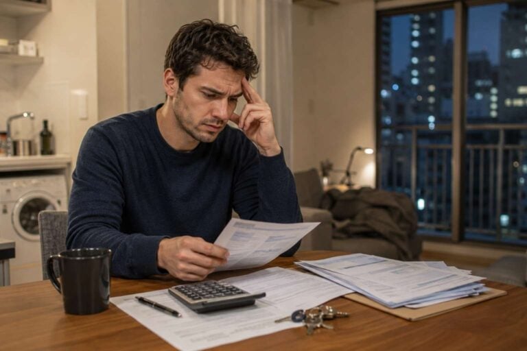 Tenant reviewing a rent renewal notice with keys and a calculator in a Tokyo apartment