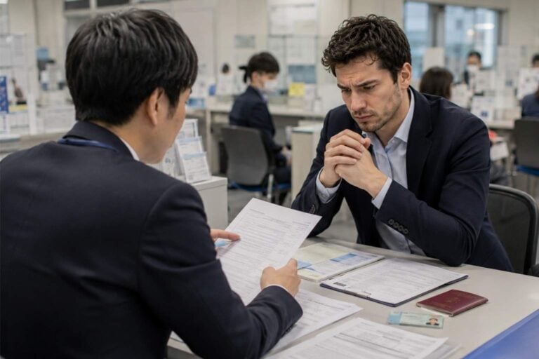 Foreign worker reviews residence and tax documents with an advisor in a Japanese immigration office