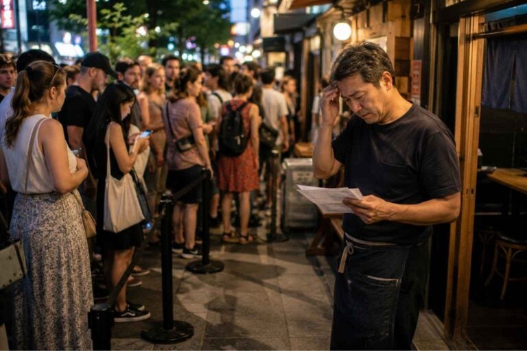 Tourists wait outside a short-staffed restaurant while an owner stands at the entrance in Tokyo