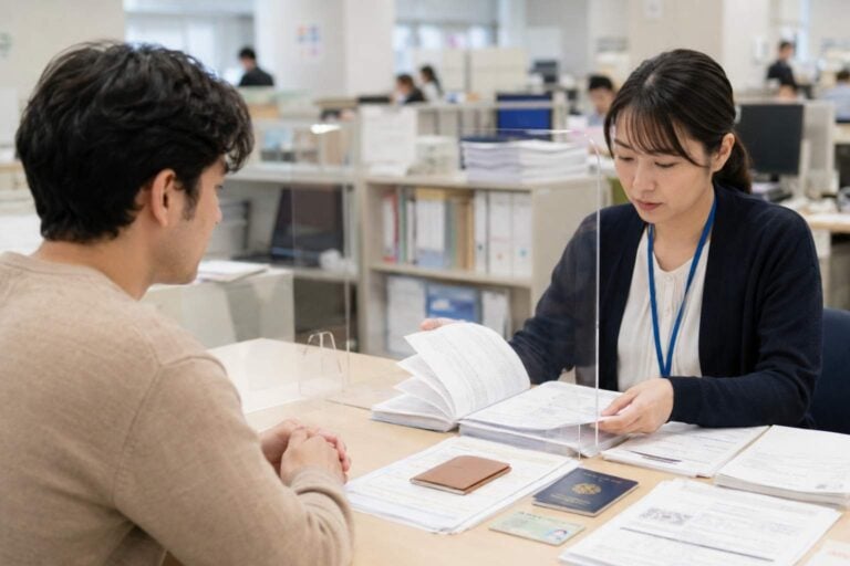 Foreign resident reviews naturalization papers with a clerk at a Legal Affairs Bureau in Japan