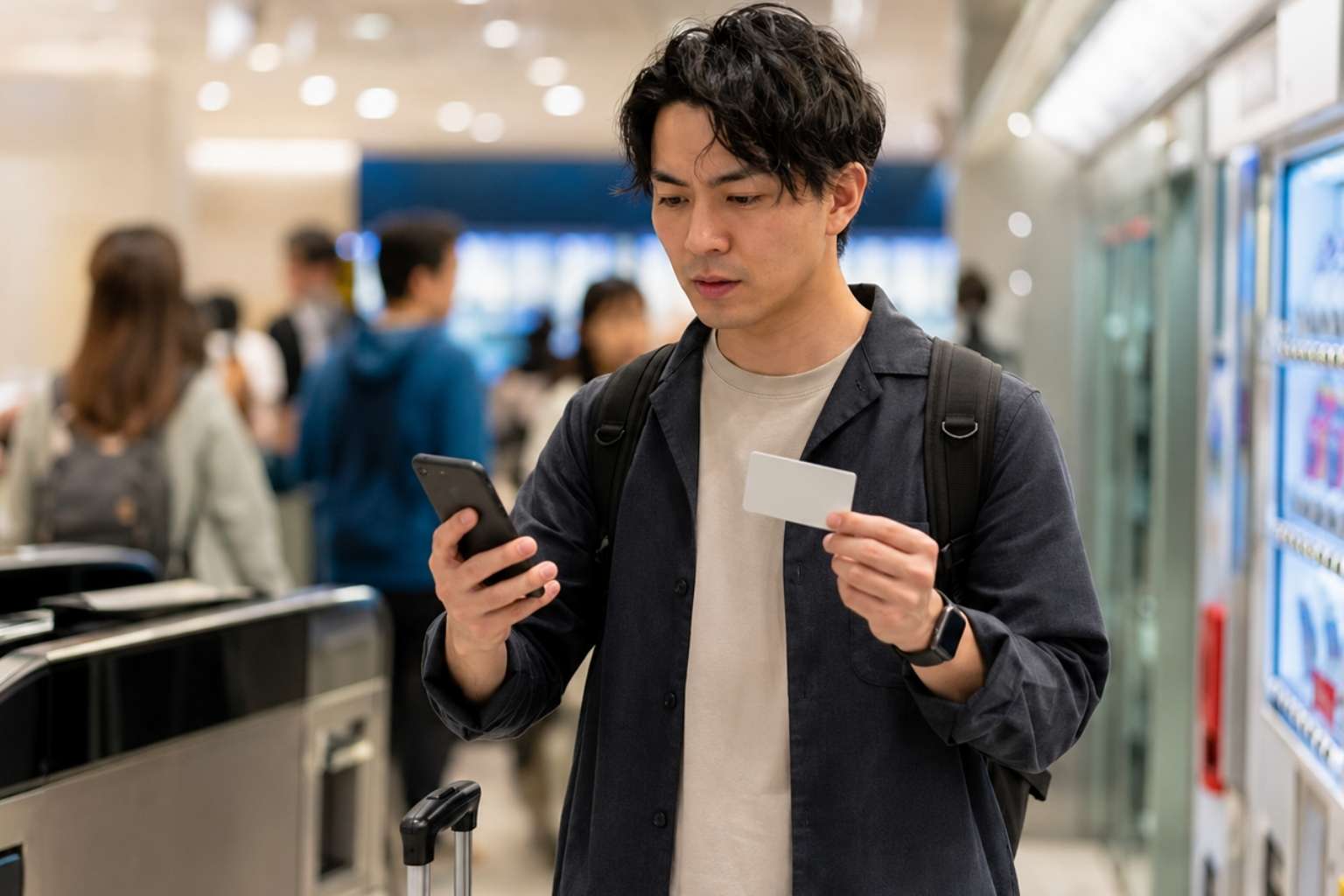 Traveler holding a transit card and phone near airport train ticket gates in Japan