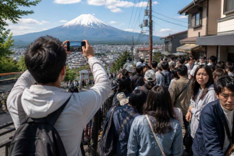 Crowded Mount Fuji roadside photo spot with tourists gathering behind a barrier