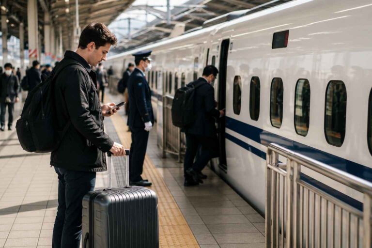 Traveler with a large suitcase checking a reservation beside a Shinkansen platform