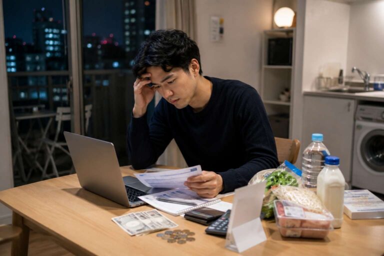 Foreign worker reviews cash, bills, and groceries at a small Tokyo apartment table at night