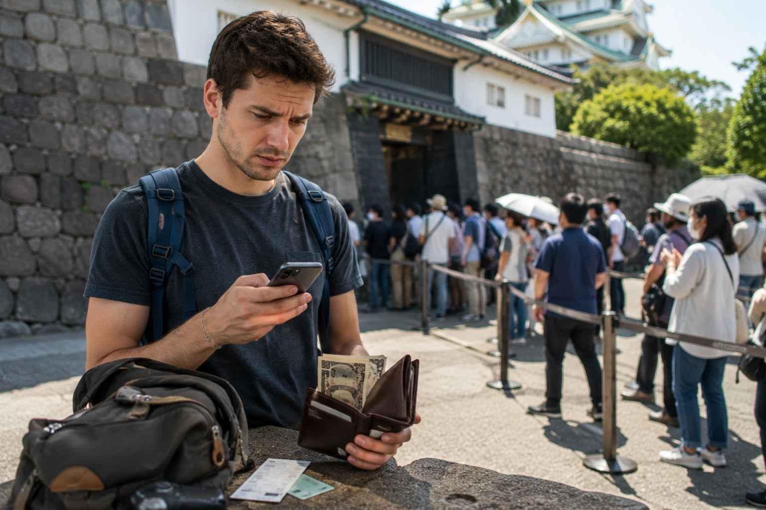 Visitors walk near Himeji Castle as tourists explore the historic site under bright daytime conditions