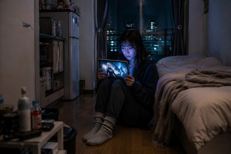 A young woman sits alone on the floor of a small apartment at night holding a tablet.