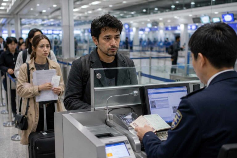 A traveler stands at a Japan airport immigration counter while an officer checks documents.