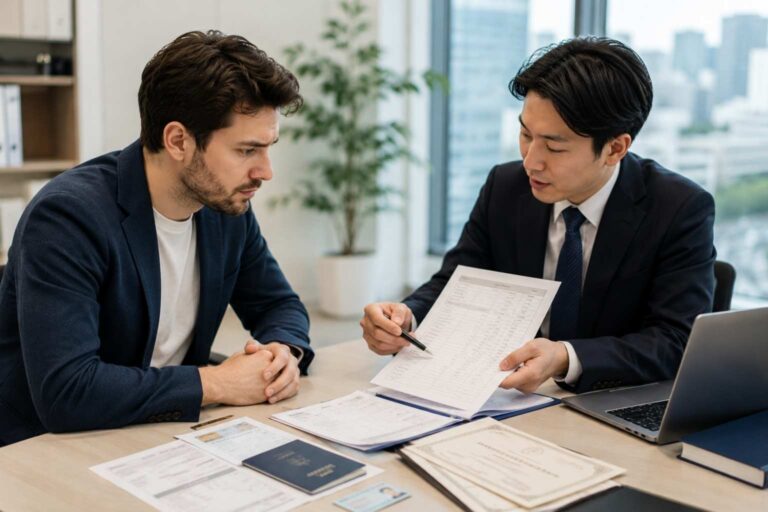Foreign professional reviews visa points documents with an adviser in a Japanese office