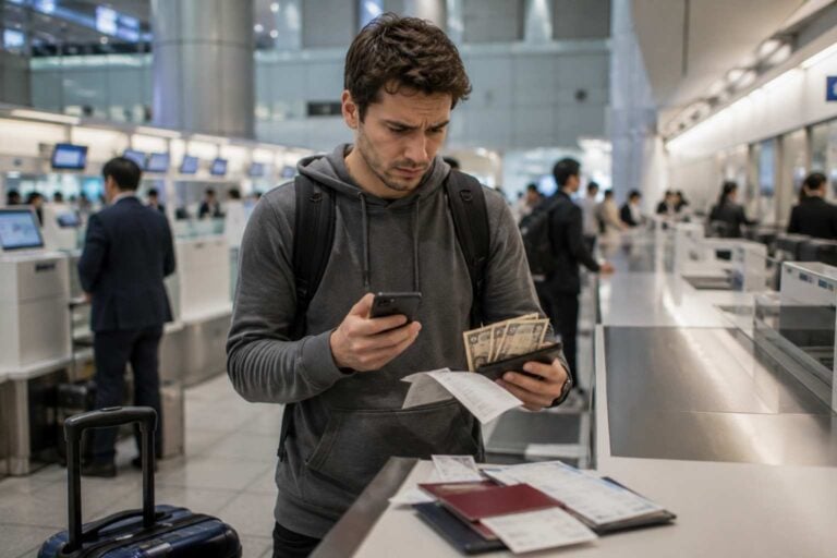 Traveler checking a phone and wallet at a Japan airport counter with receipts and luggage