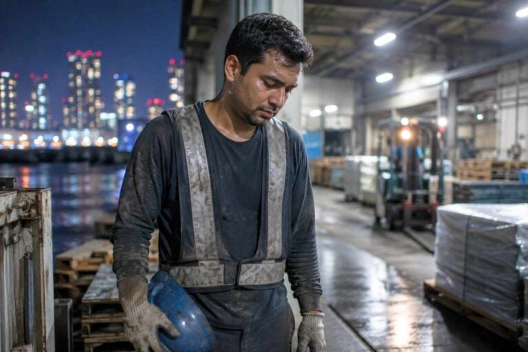 An exhausted factory worker stands under bright industrial lights at night with city glow behind him.