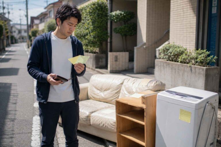 Resident standing beside old furniture and a washing machine outside an apartment in Japan