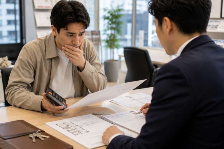 Renter reviewing apartment lease costs with keys and a calculator in a Japanese real estate office
