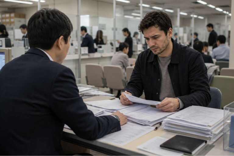 A resident reviews naturalization papers with an official at a legal affairs office in Japan.