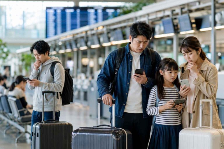 Travelers check flight details and luggage in a Japan airport departure hall.