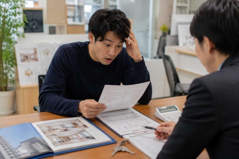 Renter reviewing apartment contract costs with keys and a calculator at a real estate office in Japan