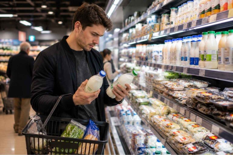 Shopper comparing milk cartons and discount food in a Japanese supermarket aisle