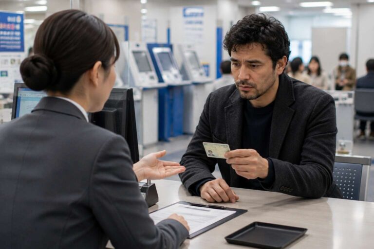Resident reviews one ID card with a staff member at a public service counter in Japan
