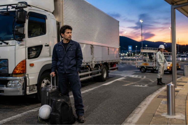 A truck worker stands by luggage near a parked cargo vehicle at a quiet highway rest area