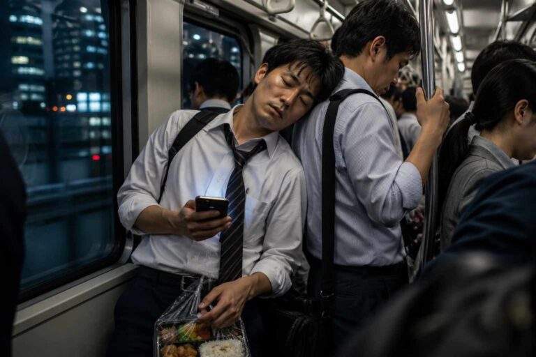 n exhausted office worker sleeps standing on a crowded train while holding a phone and meal bag.