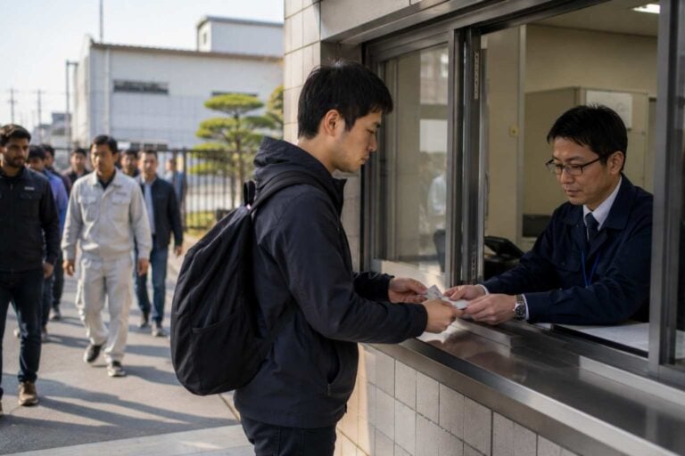 A resident submits ID at a public counter while workers walk near an industrial building.