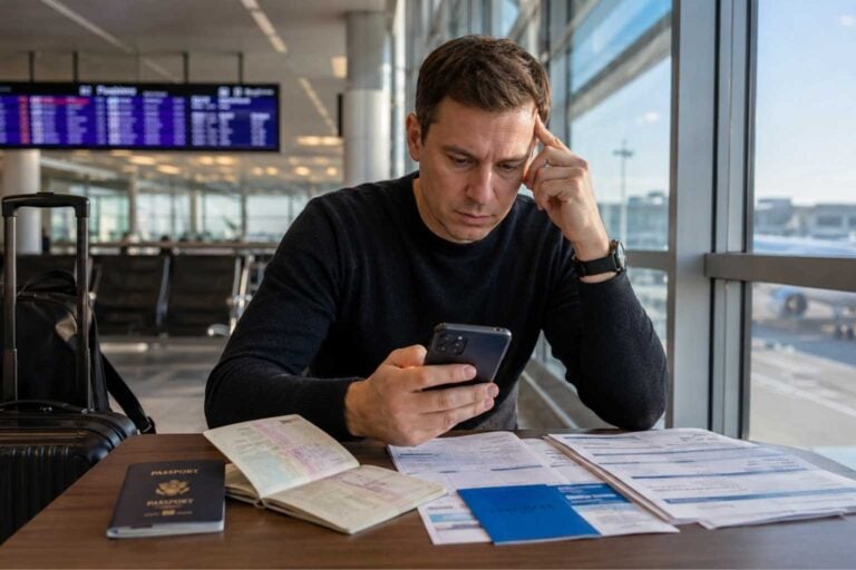 Foreign worker at a Japan airport reviews pension refund documents beside a suitcase before departure