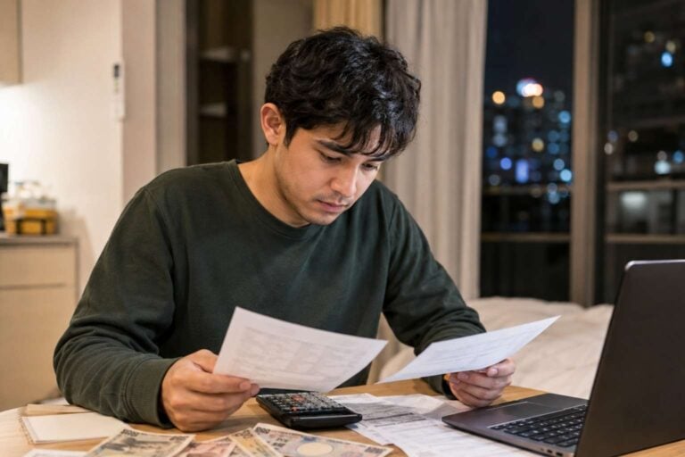 Foreign worker reviews salary papers, cash, and bills at a small apartment table in Japan