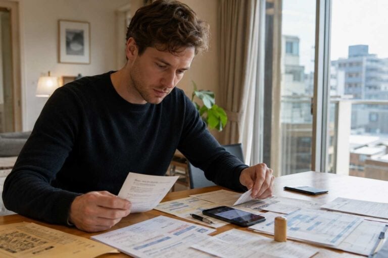 Resident setting up automatic utility payments at home with bills, bank items, and a smartphone